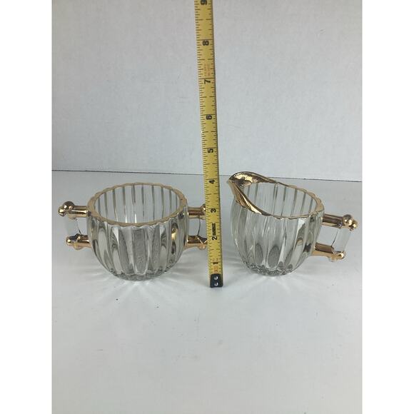 VTG Jeanette Ribbed Glass Sugar & Creamer Set Gold Accents - Picture 5 of 5